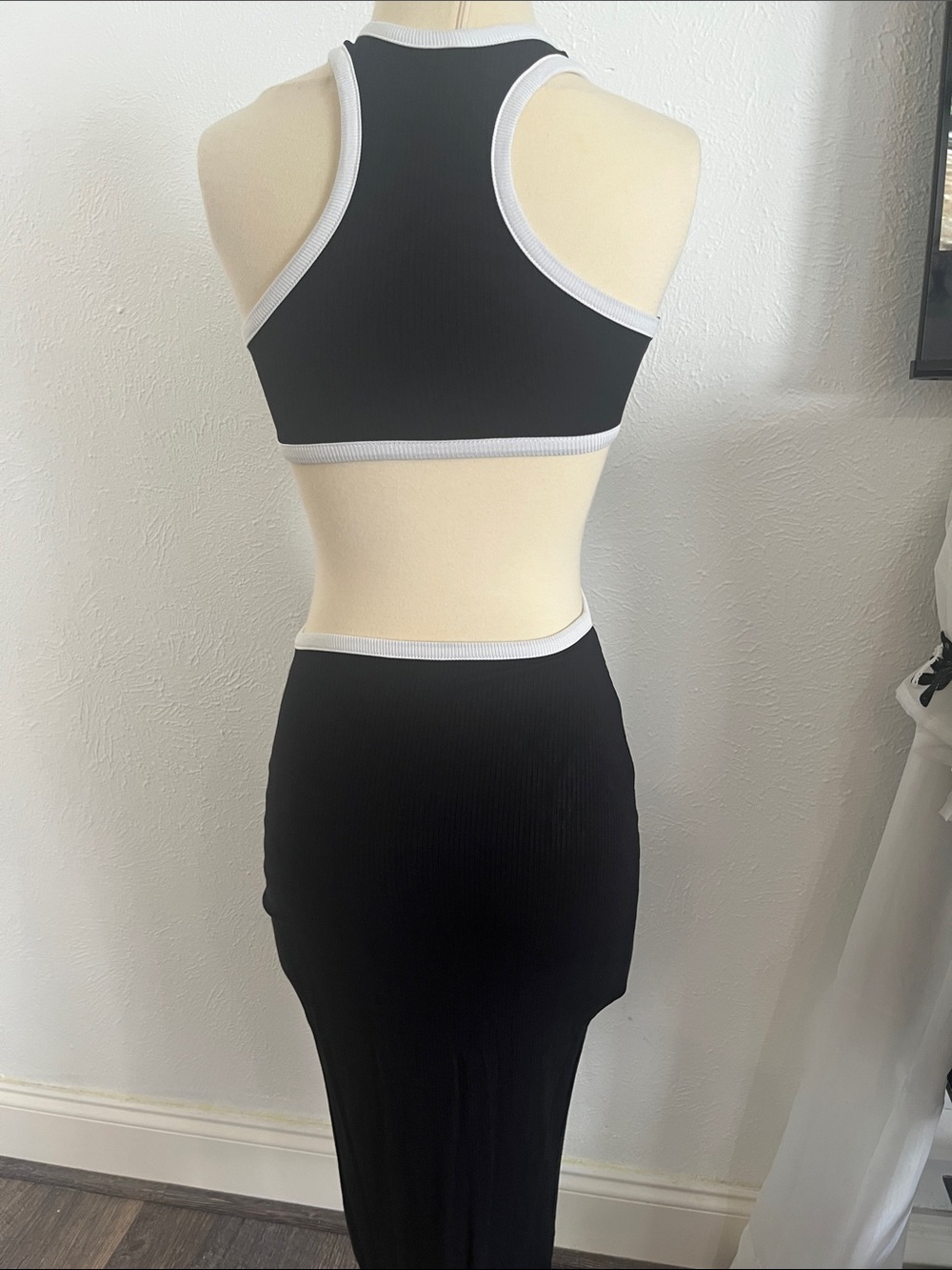 Black Cutout Ribbed Halter Bodycon Dress: - Picture 3 of 4